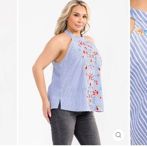 Savanna Jane Striped Halter Neck Top with Floral Embroidery